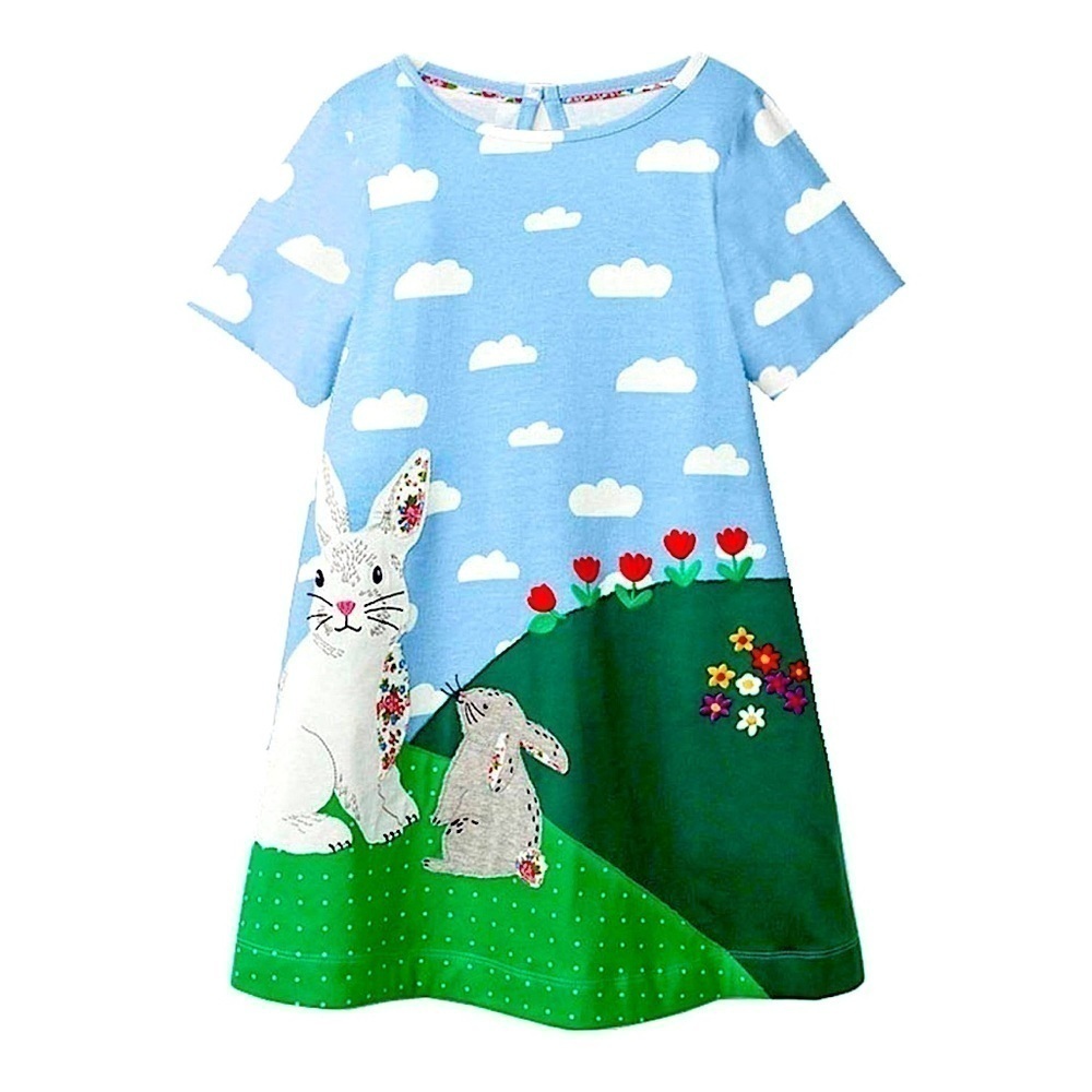 Girls short sleeve dress clouds bunnies 100% cotton casual crewneck
